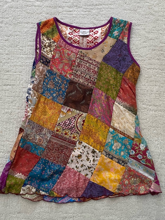 Greater Good Network Tops - Colorful 100% Silk Patchwork Blouse with Silk Lining Artsy Bohemian Festival L